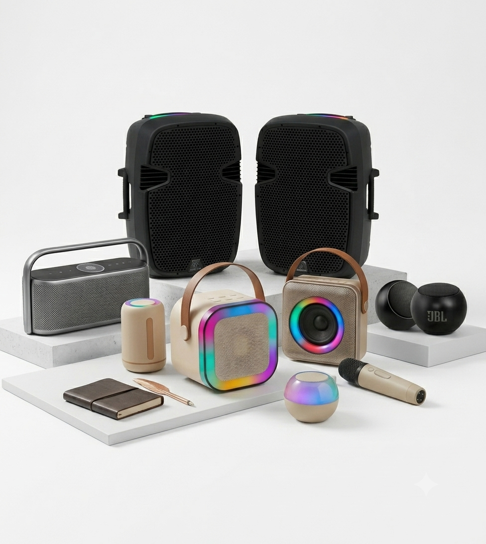 Premium audio speakers collection including portable RGB karaoke speakers and professional PA sound systems on a white background.