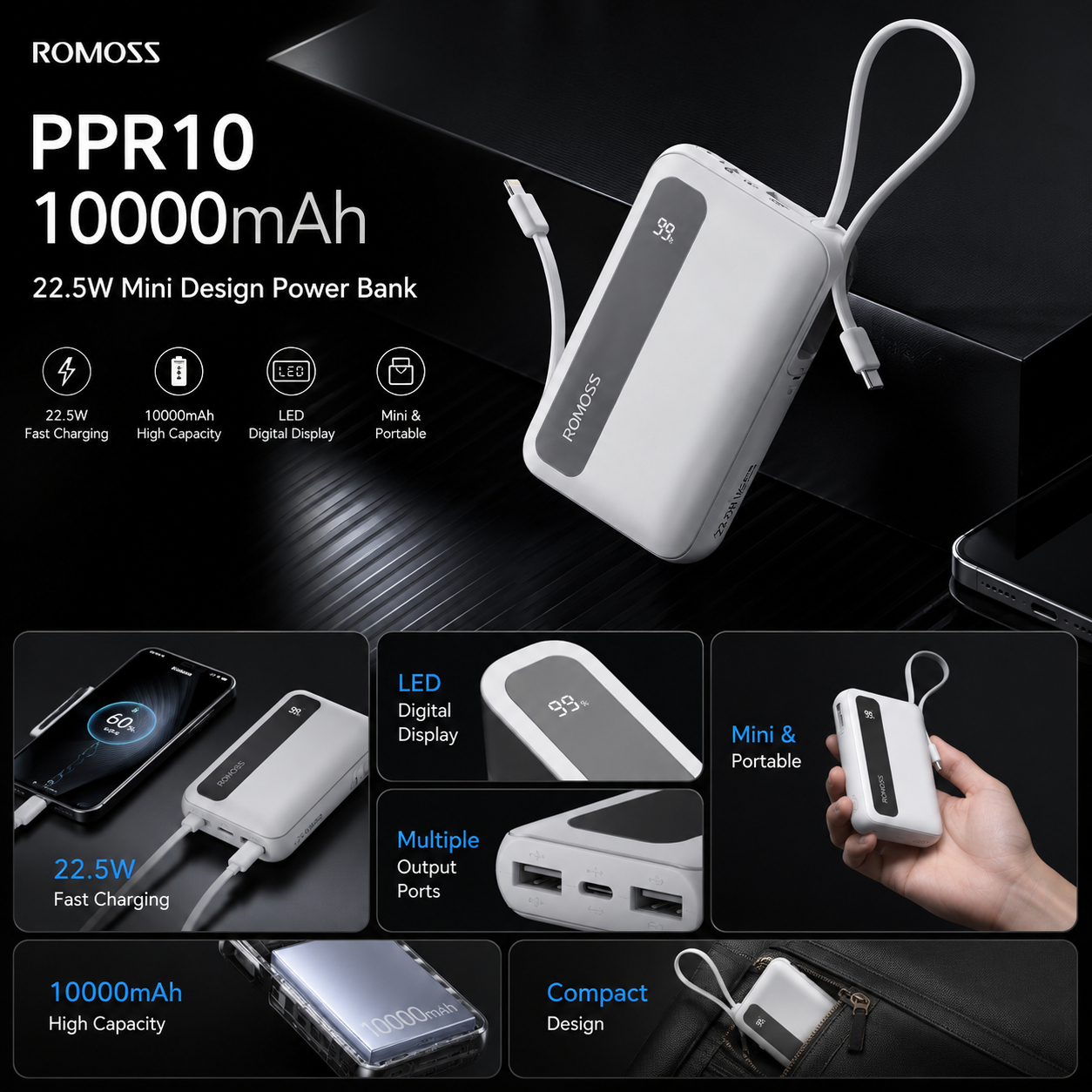 Romoss PPR10 Power Bank 10000mAh | 22.5W Fast Charging | Built-in Cables | LED Display