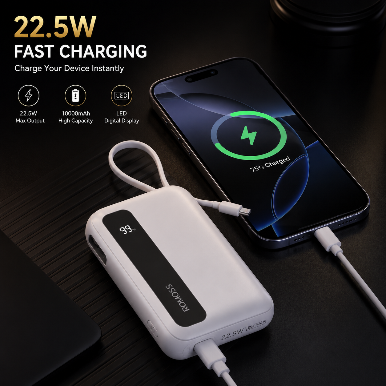 Romoss PPR10 Power Bank 10000mAh | 22.5W Fast Charging | Built-in Cables | LED Display