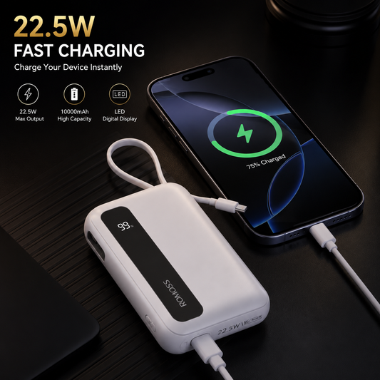 Romoss PPR10 Power Bank 10000mAh | 22.5W Fast Charging | Built-in Cables | LED Display